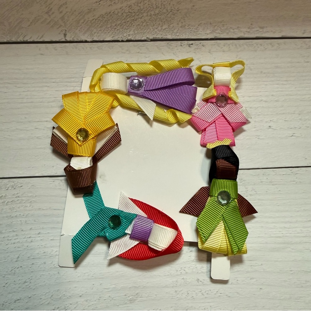 Handmade Disney Princess Hair Bow Set Belle Ariel Tiana Rapunzel Aurora 5pc